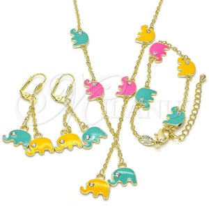 Juego de Arete y Dije de Nino 06.60.0006.4 Oro Laminado, Diseño de Elefante, con Blanca Cristal, Esmaltado Multicolor, Tono Dorado