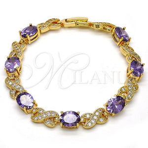 Pulsera Tennis 03.206.0001.6.07 Oro Laminado, Diseño de Besos y Abrazos, con Amatista Zirconia Cubica and Blanca Micro Pave, Pulido, Tono Dorado (07 MM Thickness, 7 Inches Length)