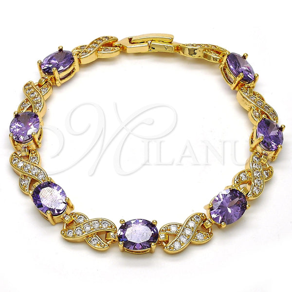 Pulsera Tennis 03.206.0001.6.07 Oro Laminado, Diseño de Besos y Abrazos, con Amatista Zirconia Cubica and Blanca Micro Pave, Pulido, Tono Dorado (07 MM Thickness, 7 Inches Length)
