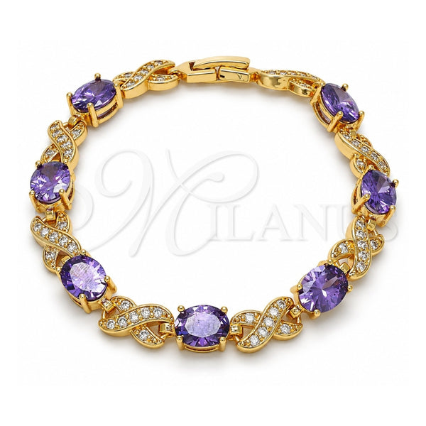 Pulsera Tennis 03.206.0001.6.07 Oro Laminado, Diseño de Besos y Abrazos, con Amatista Zirconia Cubica and Blanca Micro Pave, Pulido, Tono Dorado (07 MM Thickness, 7 Inches Length)