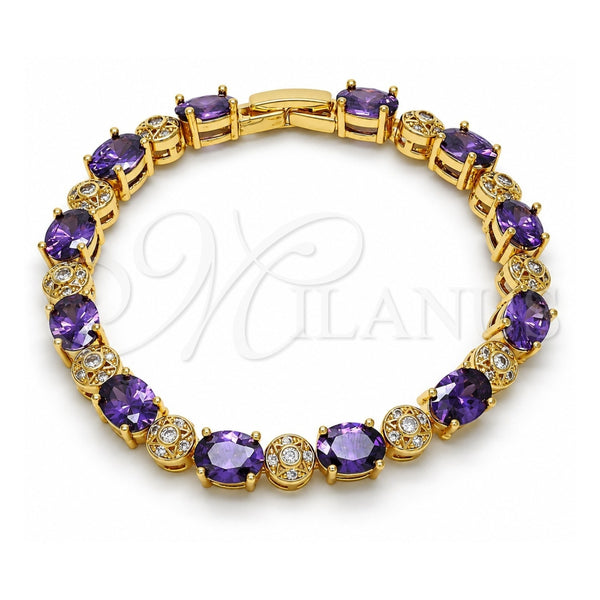 Pulsera Tennis 03.206.0006.7.07 Oro Laminado, con Zirconia Cubica Amatista y Blanca, Pulido, Tono Dorado (Grosor 06 MM, 7 Pulgadas de Largo)