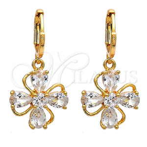 Arete Colgante 02.217.0054 Oro Laminado, Diseño de Flor y Gota, con Blanca Zirconia Cubica, Pulido, Tono Dorado