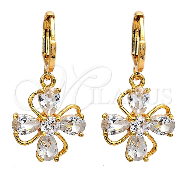 Arete Colgante 02.217.0054 Oro Laminado, Diseño de Flor y Gota, con Blanca Zirconia Cubica, Pulido, Tono Dorado