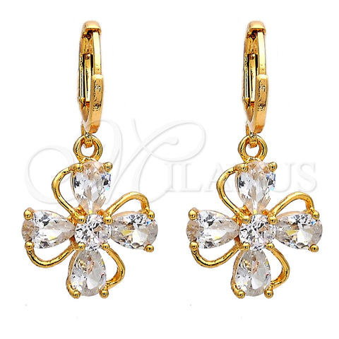 Arete Colgante 02.217.0054 Oro Laminado, Diseño de Flor y Gota, con Blanca Zirconia Cubica, Pulido, Tono Dorado