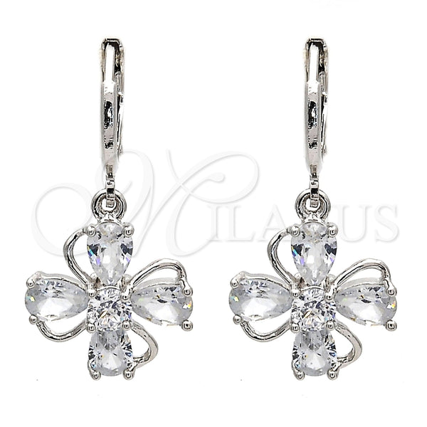 Arete Colgante 02.217.0054.2 Rodio Laminado, Diseño de Flor y Gota, con Zirconia Cubica Blanca, Pulido, Rodinado