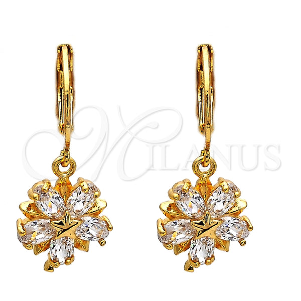 Arete Colgante 02.217.0056 Oro Laminado, Diseño de Flor y Estrella, con Blanca Zirconia Cubica, Pulido, Tono Dorado