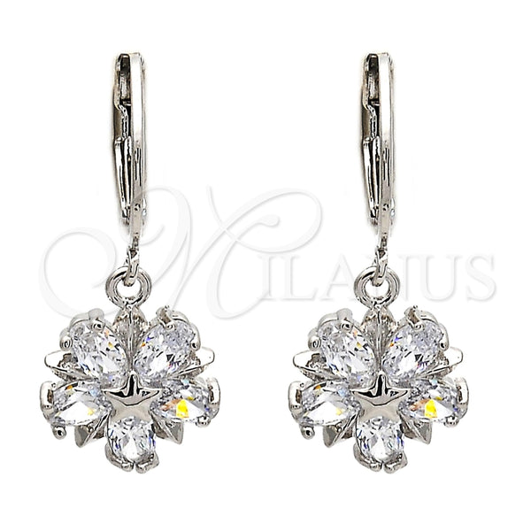 Arete Colgante 02.217.0056.2 Rodio Laminado, Diseño de Flor y Estrella, con Zirconia Cubica Blanca, Pulido, Rodinado