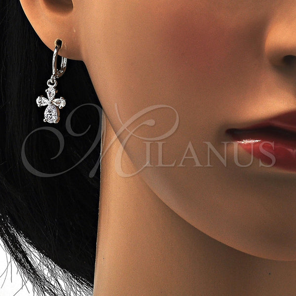 Arete Colgante 02.217.0057.2 Rodio Laminado, Diseño de Flor y Gota, con Zirconia Cubica Blanca, Pulido, Rodinado