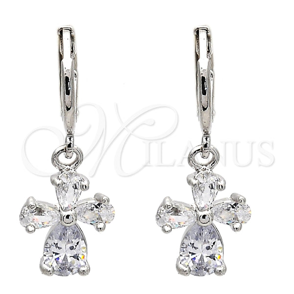 Arete Colgante 02.217.0057.2 Rodio Laminado, Diseño de Flor y Gota, con Zirconia Cubica Blanca, Pulido, Rodinado