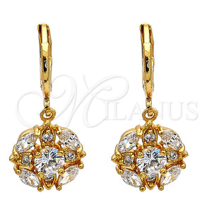 Arete Colgante 02.217.0058 Oro Laminado, Diseño de Flor, con Blanca Zirconia Cubica, Pulido, Tono Dorado