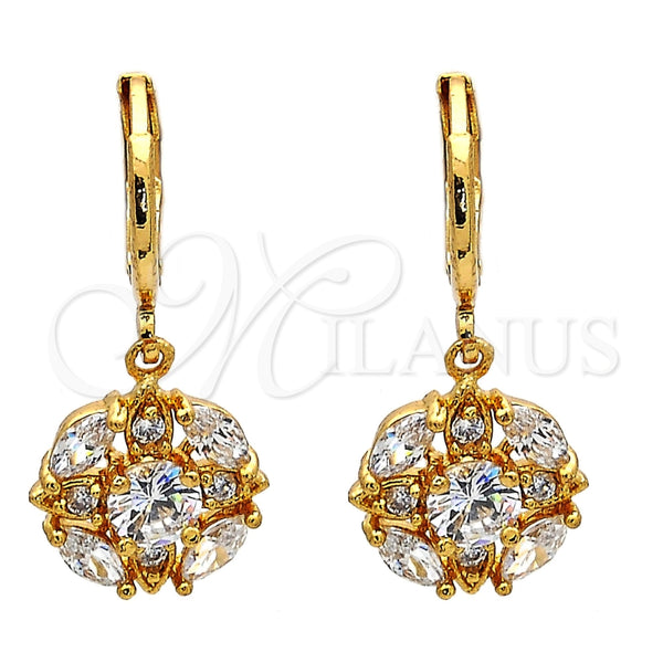 Arete Colgante 02.217.0058 Oro Laminado, Diseño de Flor, con Blanca Zirconia Cubica, Pulido, Tono Dorado