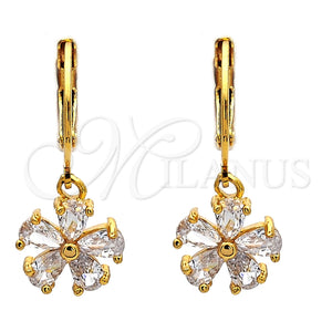 Arete Colgante 02.217.0059 Oro Laminado, Diseño de Flor, con Blanca Zirconia Cubica, Pulido, Tono Dorado