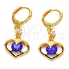 Arete Largo 02.217.0063.3 Oro Laminado, Diseño de Corazón, con Amatista and Blanca Zirconia Cubica, Pulido, Tono Dorado