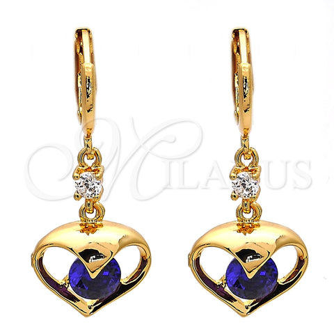 Arete Largo 02.217.0063.3 Oro Laminado, Diseño de Corazón, con Amatista and Blanca Zirconia Cubica, Pulido, Tono Dorado