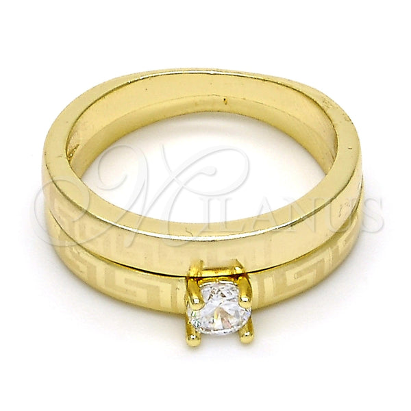 Anillo de Boda 01.99.0045.07 Oro Laminado, Diseño de Llave Griega y Doble, con Blanca Zirconia Cubica, Pulido, Tono Dorado (Size 7)