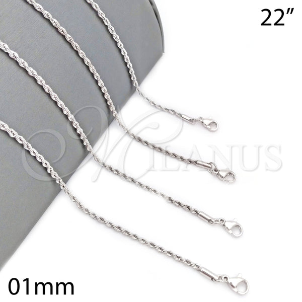Gargantilla Basica 04.64.0001.1.22 Rodio Laminado, Diseño de Rope, Pulido, Rodinado (Grosor 01 MM, 22 Pulgadas de Largo)