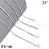 Gargantilla Basica 04.64.0001.1.24 Rodio Laminado, Diseño de Rope, Pulido, Rodinado (Grosor 01 MM, 24 Pulgadas de Largo)