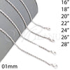 Gargantilla Basica 04.64.0001.1.24 Rodio Laminado, Diseño de Rope, Pulido, Rodinado (Grosor 01 MM, 24 Pulgadas de Largo)