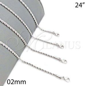 Gargantilla Basica 5.222.036.1.24 Rodio Laminado, Diseño de Rope, Pulido, Rodinado (Grosor 02 MM, 24 Pulgadas de Largo)