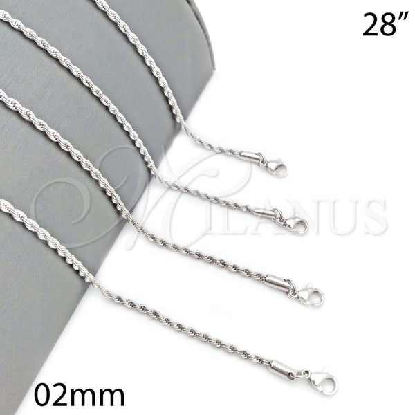Gargantilla Basica 5.222.036.1.28 Rodio Laminado, Diseño de Rope, Pulido, Rodinado (Grosor 02 MM, 28 Pulgadas de Largo)
