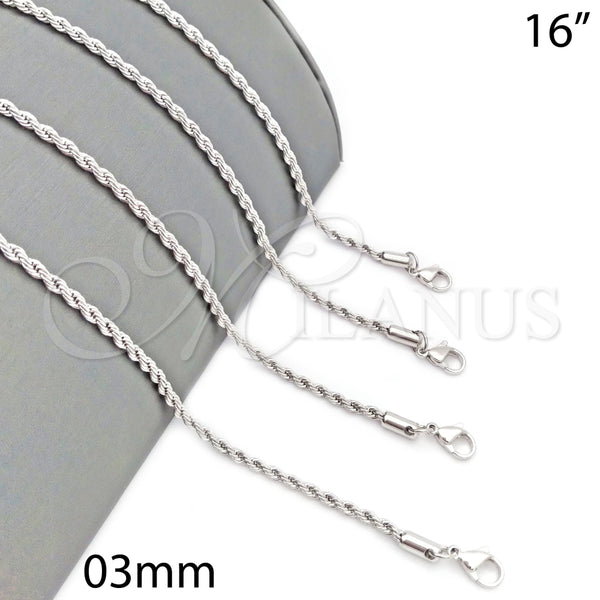 Gargantilla Basica 5.222.035.1.16 Rodio Laminado, Diseño de Rope, Pulido, Rodinado (Grosor 03 MM, 16 Pulgadas de Largo)