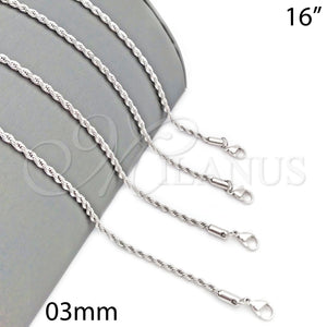 Gargantilla Basica 5.222.035.1.16 Rodio Laminado, Diseño de Rope, Pulido, Rodinado (Grosor 03 MM, 16 Pulgadas de Largo)