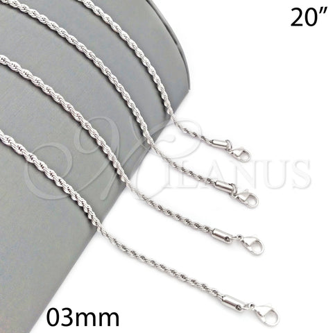 Gargantilla Basica 5.222.035.1.20 Rodio Laminado, Diseño de Rope, Pulido, Rodinado (Grosor 03 MM, 20 Pulgadas de Largo)