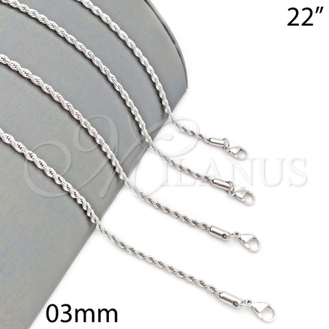 Gargantilla Basica 5.222.035.1.22 Rodio Laminado, Diseño de Rope, Pulido, Rodinado (Grosor 03 MM, 22 Pulgadas de Largo)
