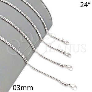 Gargantilla Basica 5.222.035.1.24 Rodio Laminado, Diseño de Rope, Pulido, Rodinado (Grosor 03 MM, 24 Pulgadas de Largo)