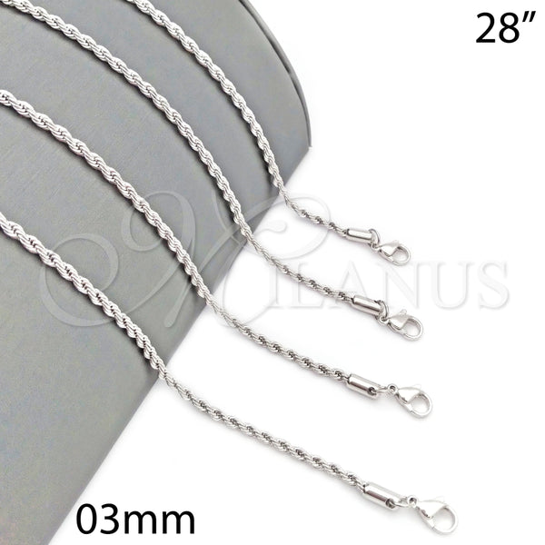 Gargantilla Basica 5.222.035.1.28 Rodio Laminado, Diseño de Rope, Pulido, Rodinado (Grosor 03 MM, 28 Pulgadas de Largo)