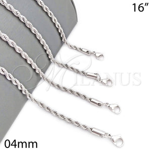 Gargantilla Basica 5.222.034.1.16 Rodio Laminado, Diseño de Rope, Pulido, Rodinado (Grosor 04 MM, 16 Pulgadas de Largo)