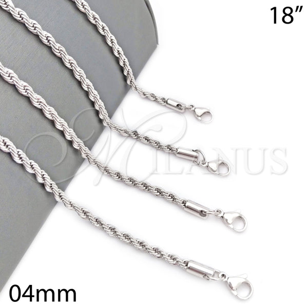 Gargantilla Basica 5.222.034.1.18 Rodio Laminado, Diseño de Rope, Pulido, Rodinado (Grosor 04 MM, 18 Pulgadas de Largo)