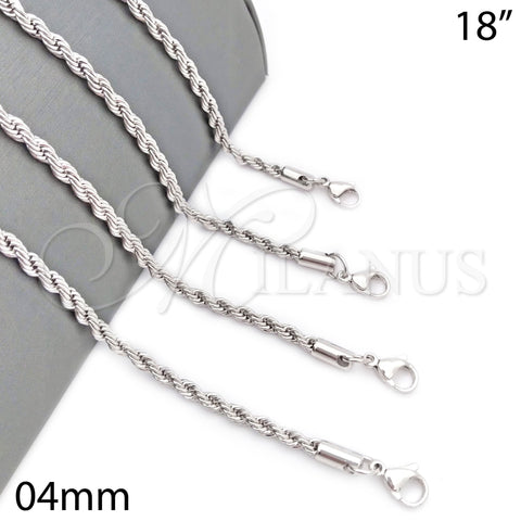 Gargantilla Basica 5.222.034.1.18 Rodio Laminado, Diseño de Rope, Pulido, Rodinado (Grosor 04 MM, 18 Pulgadas de Largo)