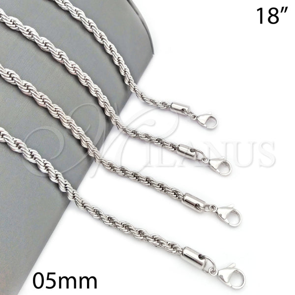 Gargantilla Basica 5.222.033.1.18 Rodio Laminado, Diseño de Rope, Pulido, Rodinado (Grosor 05 MM, 18 Pulgadas de Largo)
