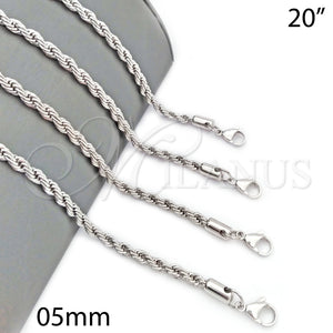 Gargantilla Basica 5.222.033.1.20 Rodio Laminado, Diseño de Rope, Pulido, Rodinado (Grosor 05 MM, 20 Pulgadas de Largo)