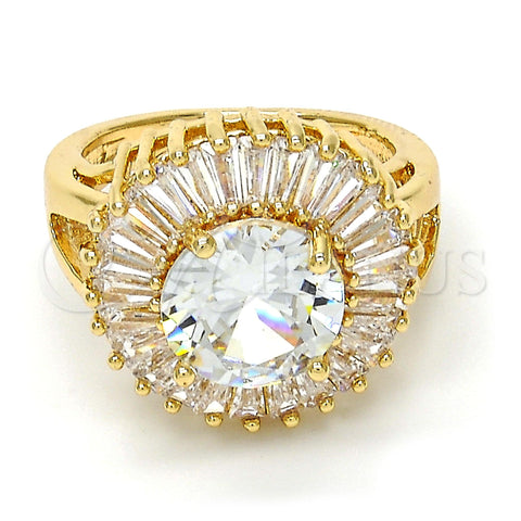 Anillo Multi Piedra 01.205.0010.4.08 Oro Laminado, Diseño de Flor y Baguette, con Blanca Zirconia Cubica, Pulido, Tono Dorado (Size 8)
