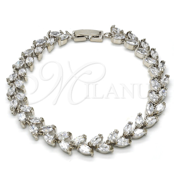 Pulsera Tennis 03.210.0018.1.07 Rodio Laminado, Diseño de Oja, con Zirconia Cubica Blanca, Pulido, Rodinado (Grosor 08 MM, 7 Pulgadas de Largo)