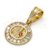 Dije Religioso 05.120.0052 Oro Laminado, Diseño de Santa Barbara, con Blanca and Granate Zirconia Cubica, Pulido, Tono Dorado