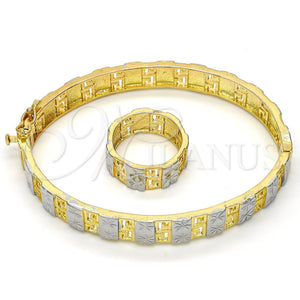 Juego de Aro 13.99.0003.05.07 Oro Laminado, Diseño de Llave Griega y Flor, Diamantado, Dos Tonos (09 MM Thickness, Size 7 (3.00 Diameter))