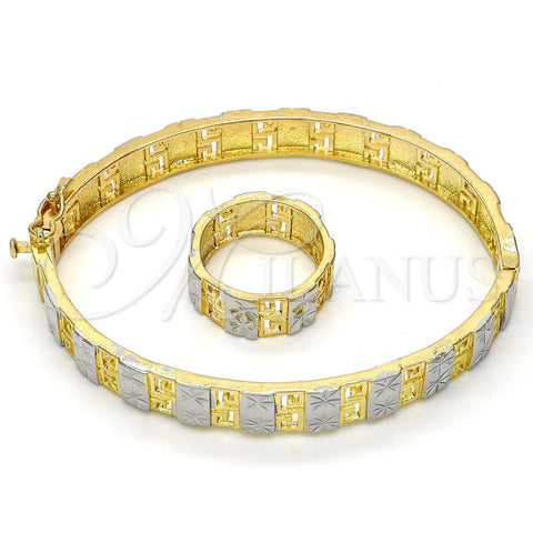 Juego de Aro 13.99.0003.05.07 Oro Laminado, Diseño de Llave Griega y Flor, Diamantado, Dos Tonos (09 MM Thickness, Size 7 (3.00 Diameter))