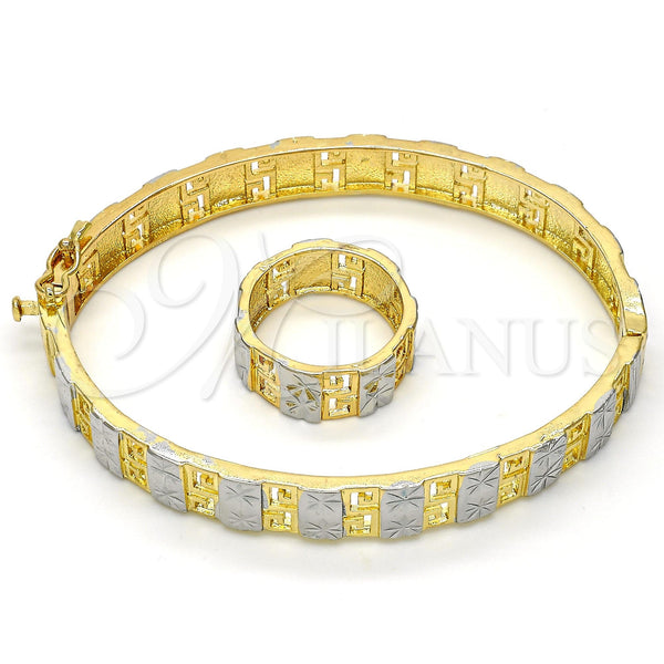 Juego de Aro 13.99.0003.05.08 Oro Laminado, Diseño de Llave Griega y Flor, Diamantado, Dos Tonos (09 MM Thickness, Size 5 (2.50 Diameter))