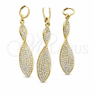 Juego de Arete y Dije de Adulto 10.99.0010 Oro Laminado, Diseño de Torcido, con Blanca Cristal, Pulido, Tono Dorado