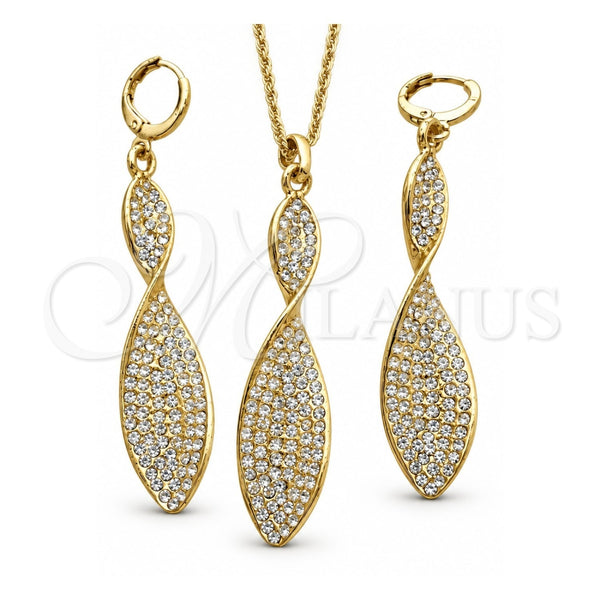 Juego de Arete y Dije de Adulto 10.99.0010 Oro Laminado, Diseño de Torcido, con Blanca Cristal, Pulido, Tono Dorado