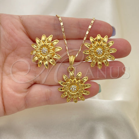 Juego de Arete y Dije de Adulto 10.118.0035 Oro Laminado, Diseño de Flor, con Blanca Cristal, Pulido, Tono Dorado