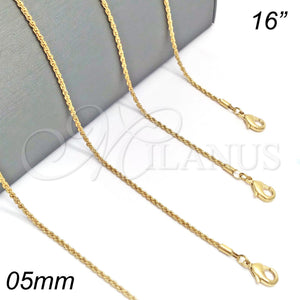 Gargantilla Basica 04.118.0111.16 Oro Laminado, Diseño de Rope, Diamantado, Tono Dorado (05 MM Thickness, 16 Inches Length)