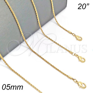 Gargantilla Basica 04.118.0111.20 Oro Laminado, Diseño de Rope, Diamantado, Tono Dorado (05 MM Thickness, 20 Inches Length)