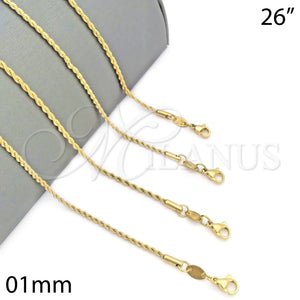 Gargantilla Basica 04.64.0001.26 Oro Laminado, Diseño de Rope, Pulido, Tono Dorado (01 MM Thickness, 26 Inches Length)