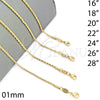 Gargantilla Basica 04.64.0001.28 Oro Laminado, Diseño de Rope, Pulido, Tono Dorado (01 MM Thickness, 28 Inches Length)