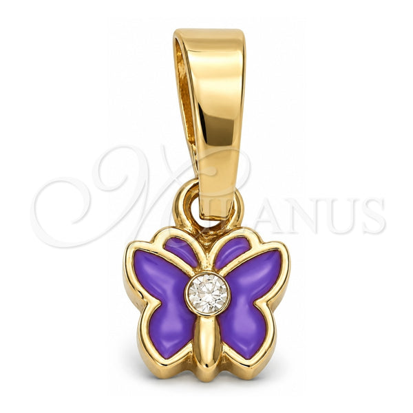 Dije Elegante 05.163.0065.2 Oro Laminado, Diseño de Mariposa, con Cristal Blanca, Esmaltado Violeta, Tono Dorado