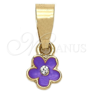 Dije Elegante 05.163.0070.4 Oro Laminado, Diseño de Flor, con Blanca Cristal, Esmaltado Violeta, Tono Dorado